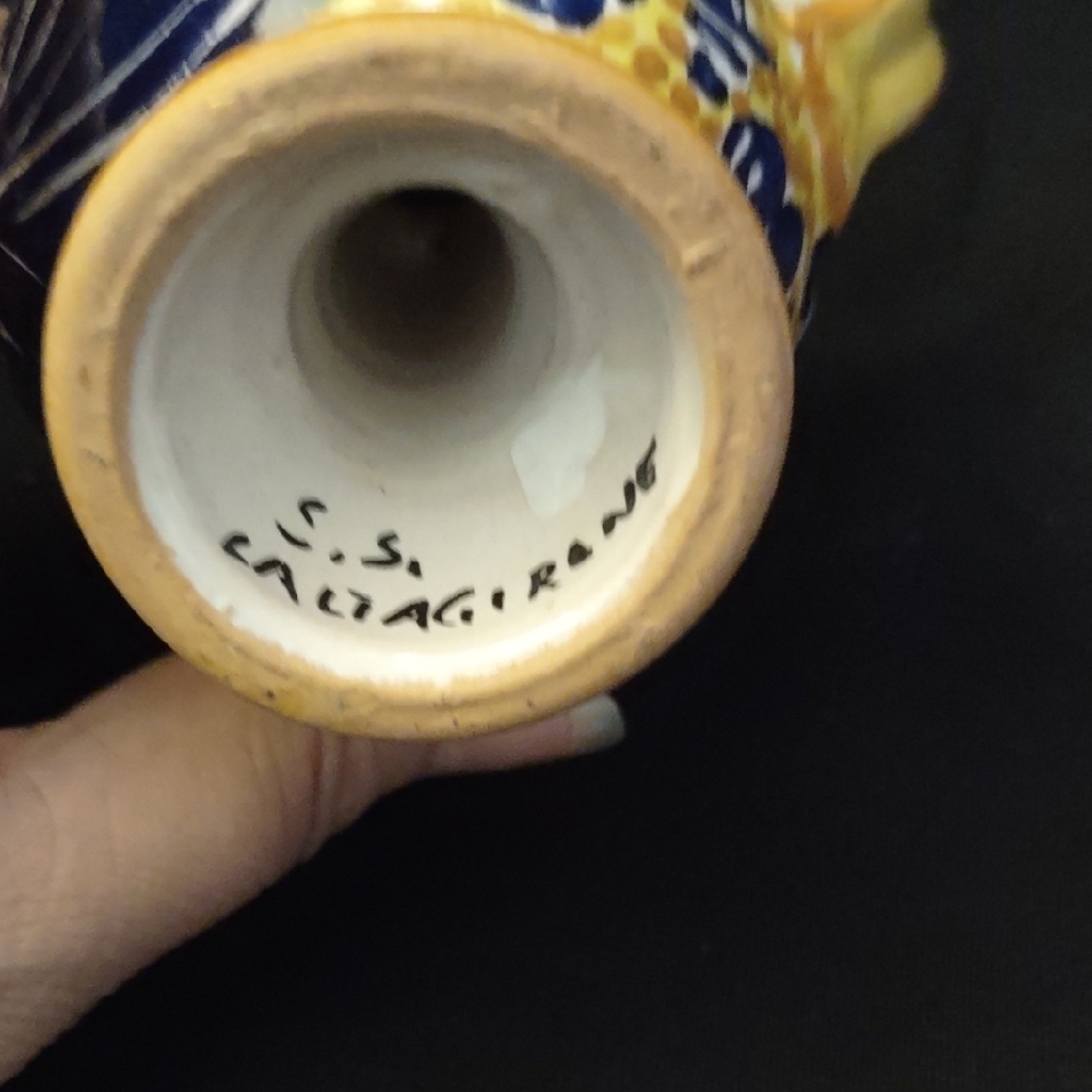Blue and Yellow Ceramic Pottery with Ornate Patterns, Signed - Picture 6 of 7